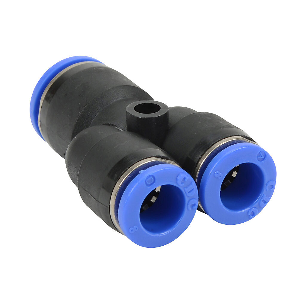 URY10M-8M - NITRA pneumatic push-to-connect fitting, union Y reducer, thermoplastic (PBT) body, (1) 10mm push-to-connect to (2) 5/16in (8mm) push-to-connect. Package of 5.