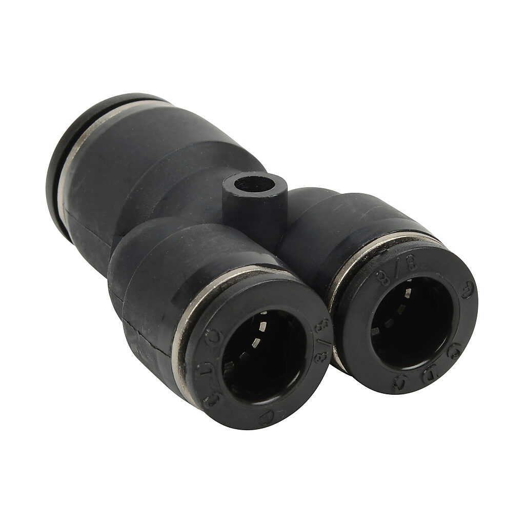 URY12-38 - NITRA pneumatic push-to-connect fitting, union Y reducer, thermoplastic (PBT) body, (1) 1/2in push-to-connect to (2) 3/8in push-to-connect. Package of 5.