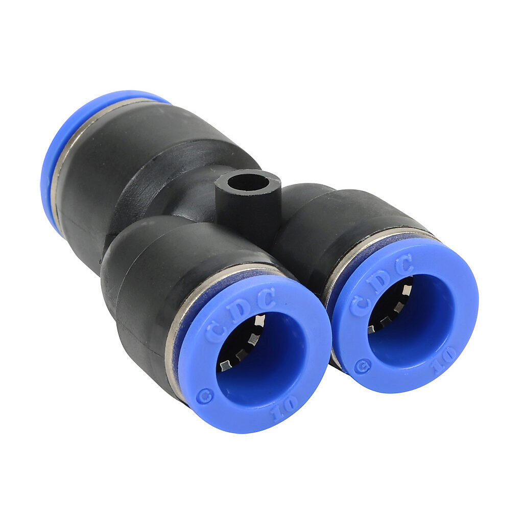 URY12M-10M - NITRA pneumatic push-to-connect fitting, union Y reducer, thermoplastic (PBT) body, (1) 12mm push-to-connect to (2) 10mm push-to-connect. Package of 5.