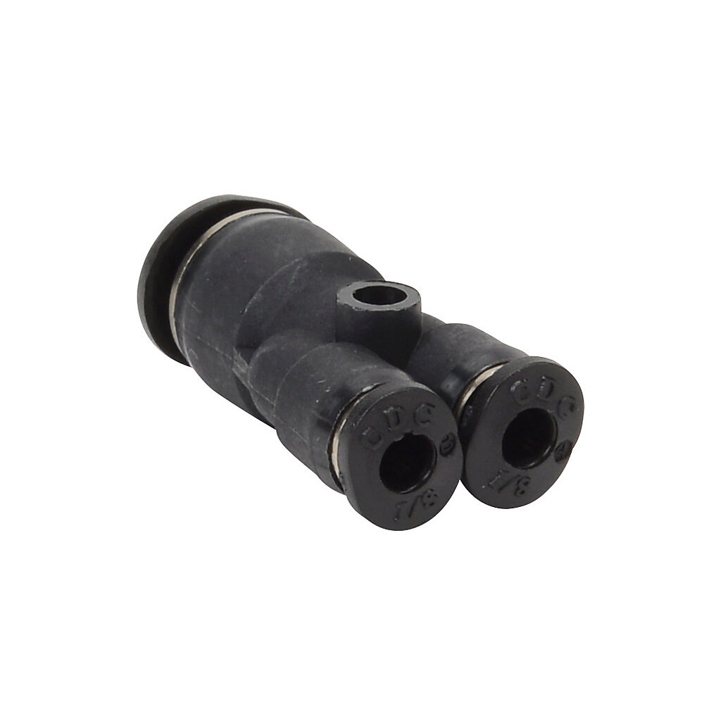 URY14-18 - NITRA pneumatic push-to-connect fitting, union Y reducer, thermoplastic (PBT) body, (1) 1/4in push-to-connect to (2) 1/8in push-to-connect. Package of 5.