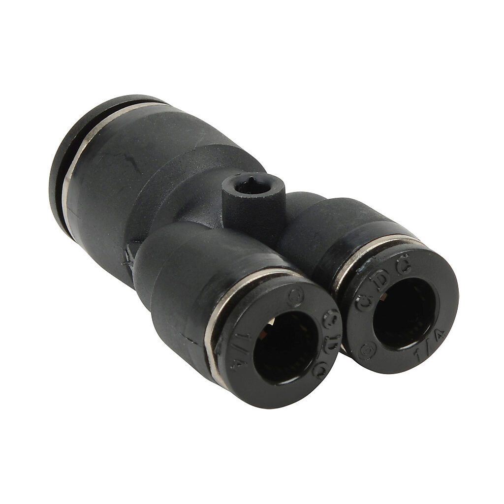 URY38-14 - NITRA pneumatic push-to-connect fitting, union Y reducer, thermoplastic (PBT) body, (1) 3/8in push-to-connect to (2) 1/4in push-to-connect. Package of 5.