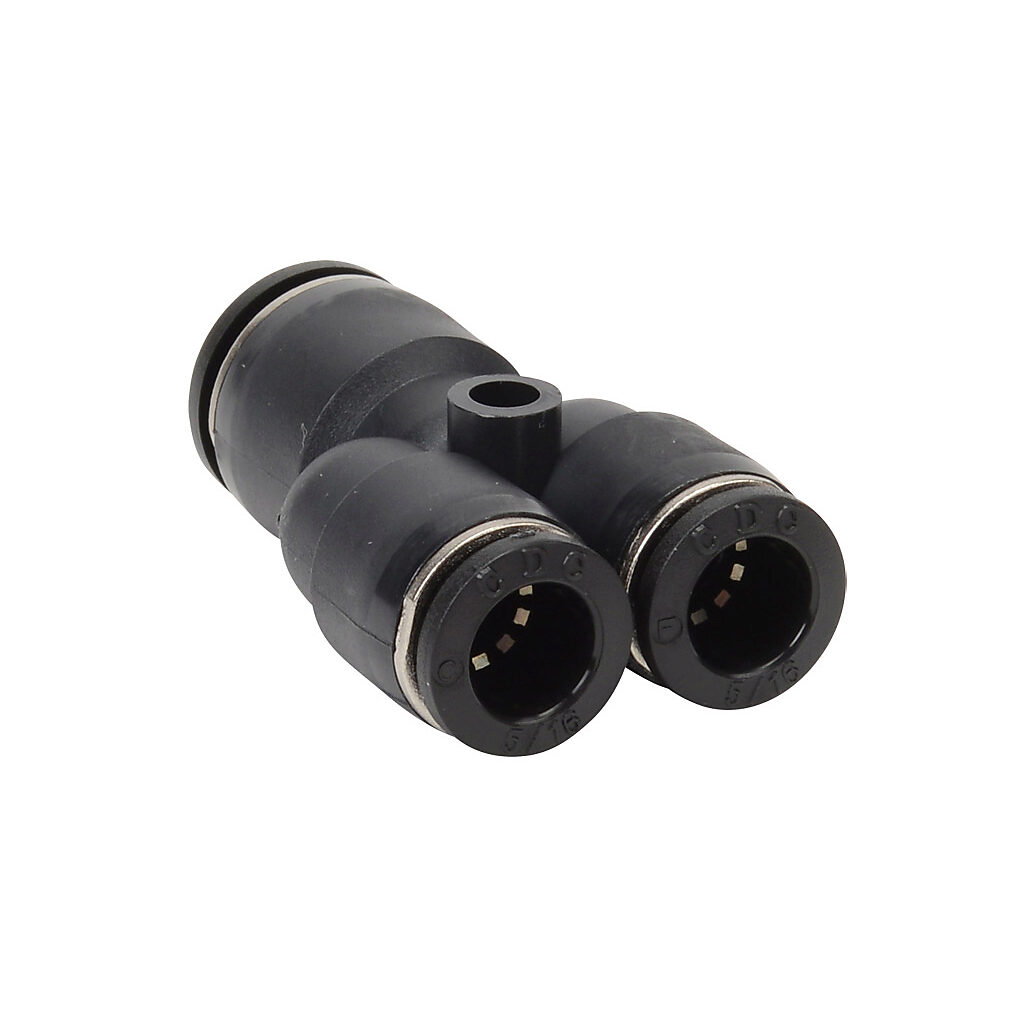 URY38-516 - NITRA pneumatic push-to-connect fitting, union Y reducer, thermoplastic (PBT) body, (1) 3/8in push-to-connect to (2) 5/16in (8mm) push-to-connect. Package of 5.