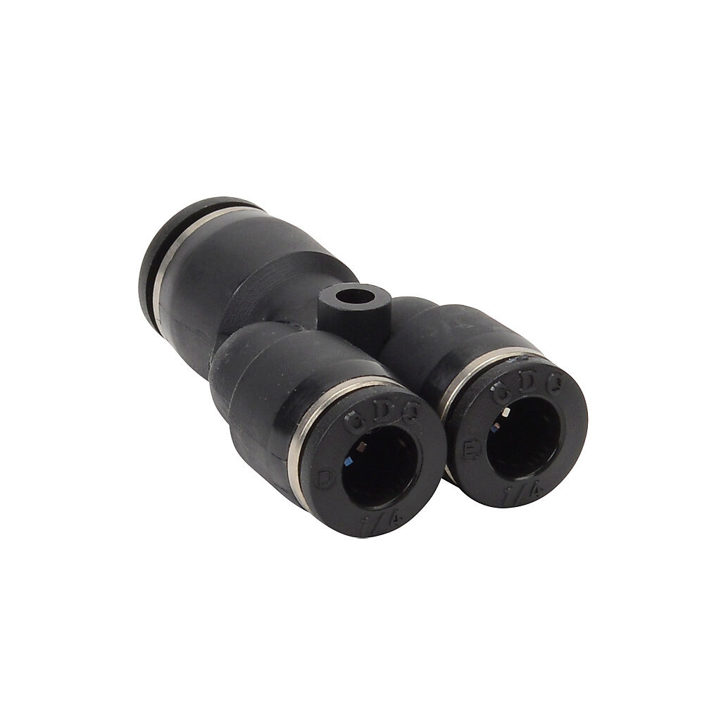 URY516-14 - NITRA pneumatic push-to-connect fitting, union Y reducer, thermoplastic (PBT) body, (1) 5/16in (8mm) push-to-connect to (2) 1/4in push-to-connect. Package of 5.