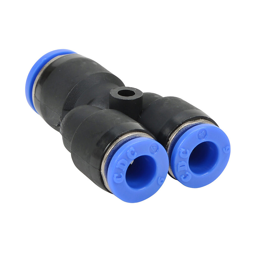 URY8M-6M - NITRA pneumatic push-to-connect fitting, union Y reducer, thermoplastic (PBT) body, (1) 5/16in (8mm) push-to-connect to (2) 6mm push-to-connect. Package of 5.