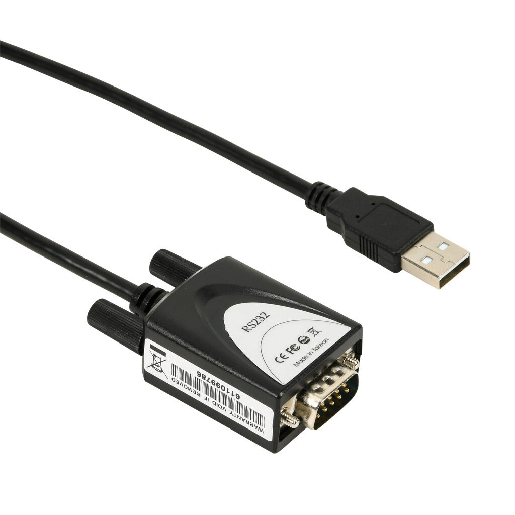 USB-RS232-1 - AutomationDirect adapter cable, USB A to RS-232 (9-pin D-sub male), 5.9ft/1.8m cable length.