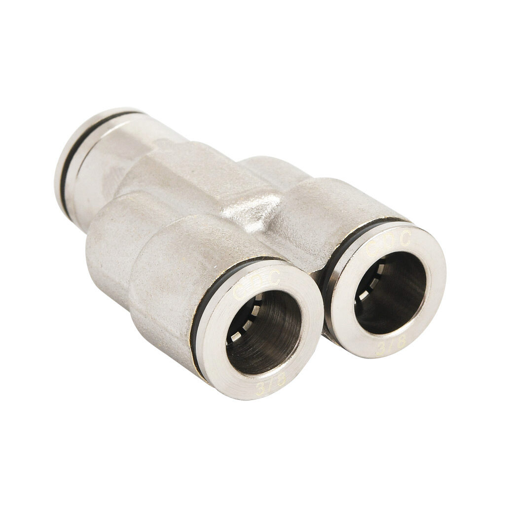 UY38-B - NITRA pneumatic push-to-connect fitting, union Y, nickel-plated brass body, (3) 3/8in push-to-connect connection(s). Package of 5.