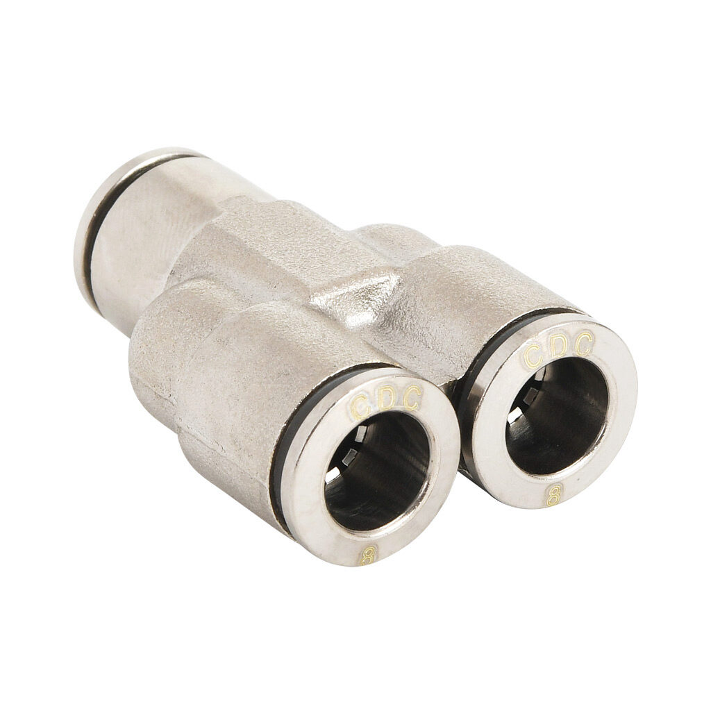 UY8M-B - NITRA pneumatic push-to-connect fitting, union Y, nickel-plated brass body, (3) 5/16in (8mm) push-to-connect connection(s). Package of 5.
