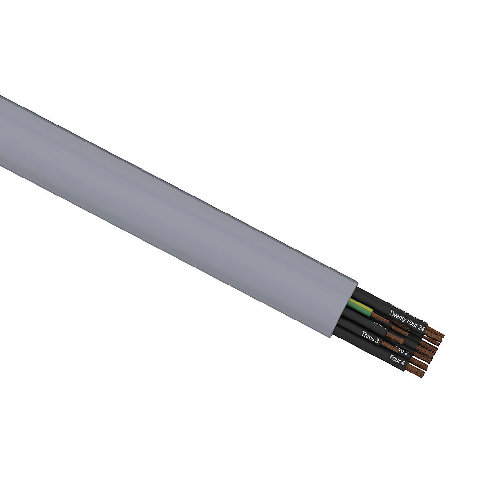 V30190-1 - Southwire flexible control cable, unshielded, 25 conductors (includes ground), 20 AWG, bare copper, PVC/Nylon conductor insulation material, black with white numbers and green/yellow ground, TPE jacket, gray, cut to length.