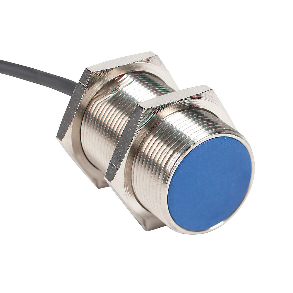 V3T1-R0-3A8F - Micro Detectors inductive proximity sensor, tubular, 30mm diameter x 55mm body, nickel-plated brass housing, N.O. (VAC) or N.O./N.C. (VDC) output, 12mm sensing distance, flush, 25 Hz (AC)/250 Hz (DC) switching frequency, IP67, pigtail.
