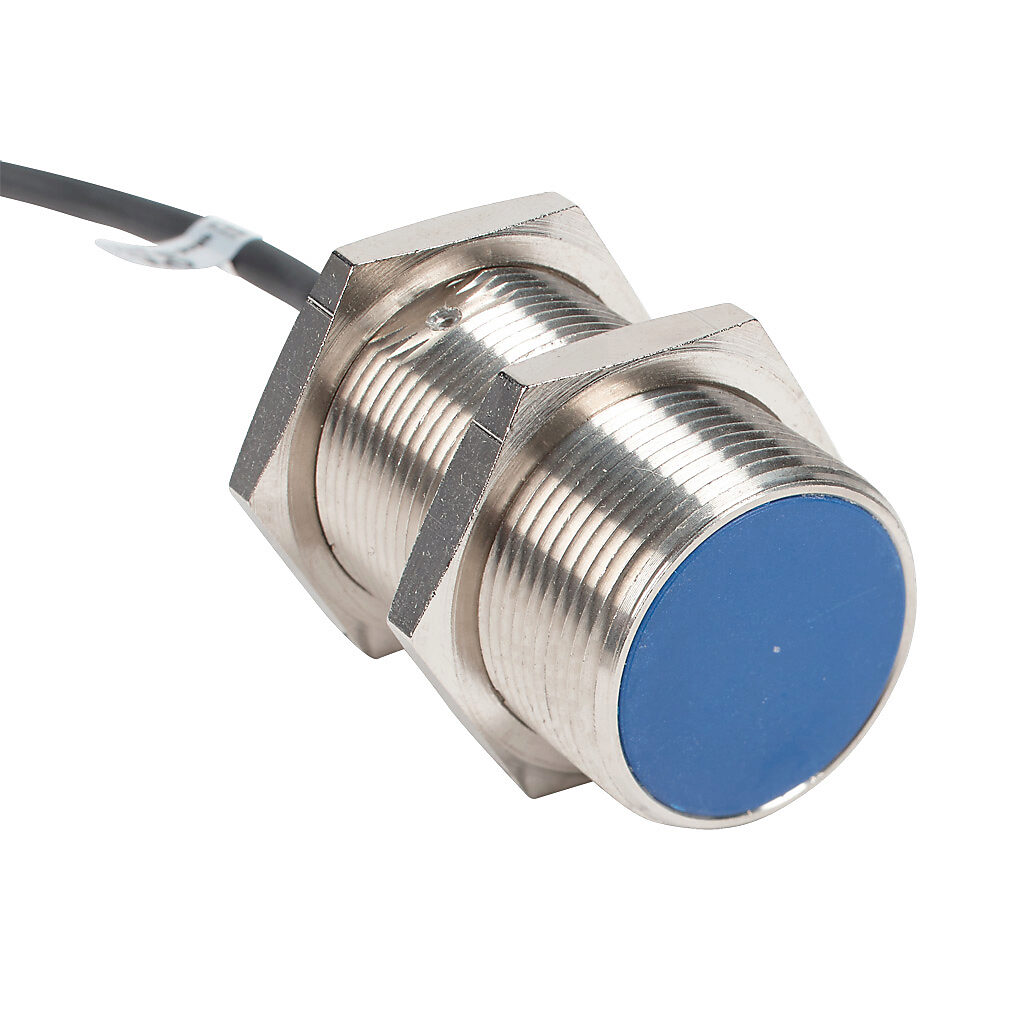V3T1-S0-3A8F - Micro Detectors inductive proximity sensor, tubular, 30mm diameter x 55mm body, nickel-plated brass housing, N.C. (VAC) or N.O./N.C. (VDC) output, 12mm sensing distance, flush, 25 Hz (AC)/250 Hz (DC) switching frequency, IP67, pigtail.