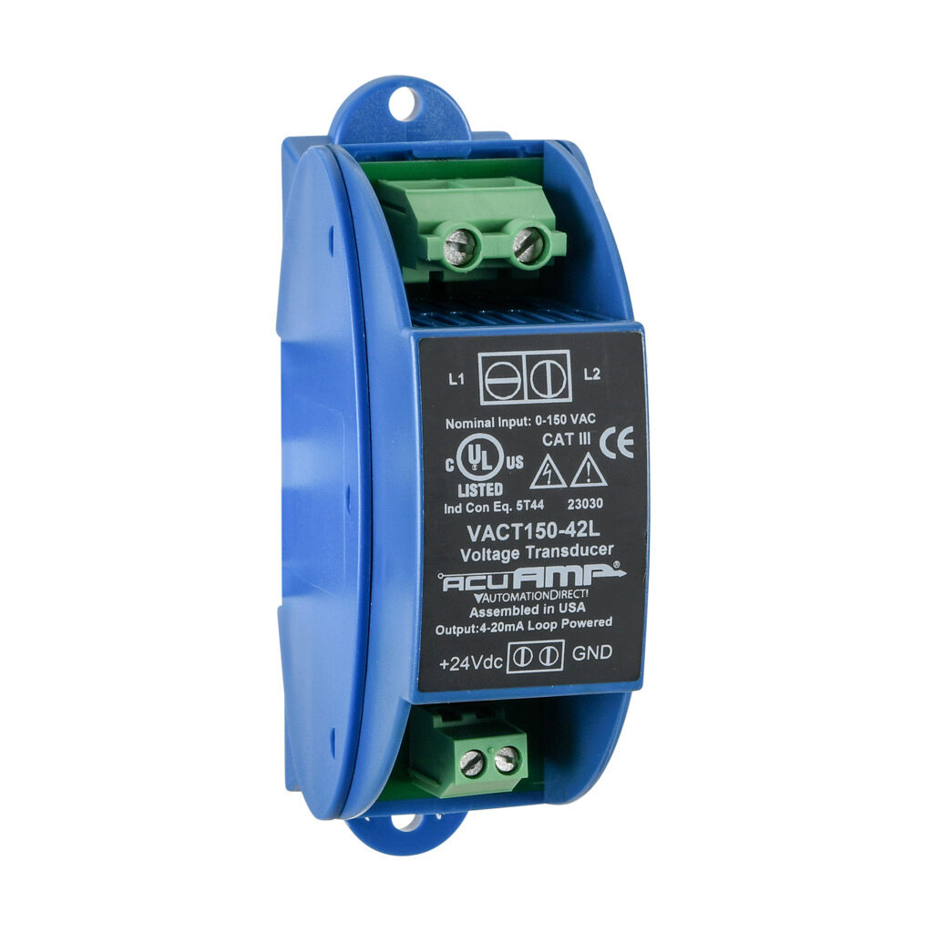 VACT150-42L - AcuAMP AC voltage transducer, 1-phase, 0-150 VAC sensing range, True RMS, 4-20 mA output, 22-40 VDC operating voltage.