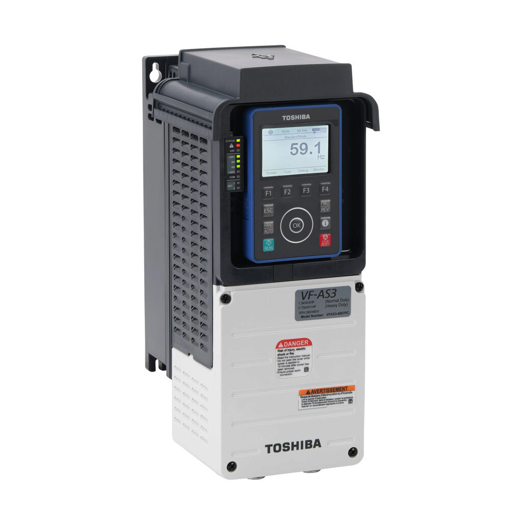 VFAS3-4007PC - Toshiba AS3 series AC high-performance drive, UL Type 1, 460 VAC, 1hp with 3-phase input, V/Hz, FOC, encoder or torque mode, A1 frame, Ethernet and RS-485, integrated dynamic braking. Optional EtherCAT, encoder and I/O cards available.