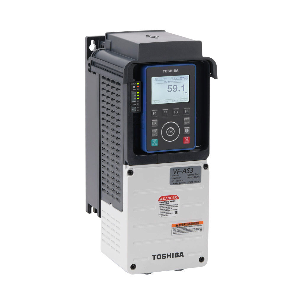 VFAS3-4022PC - Toshiba AS3 series AC high-performance drive, UL Type 1, 460 VAC, 3hp with 3-phase input, V/Hz, FOC, encoder or torque mode, A1 frame, Ethernet and RS-485, integrated dynamic braking. Optional EtherCAT, encoder and I/O cards available.