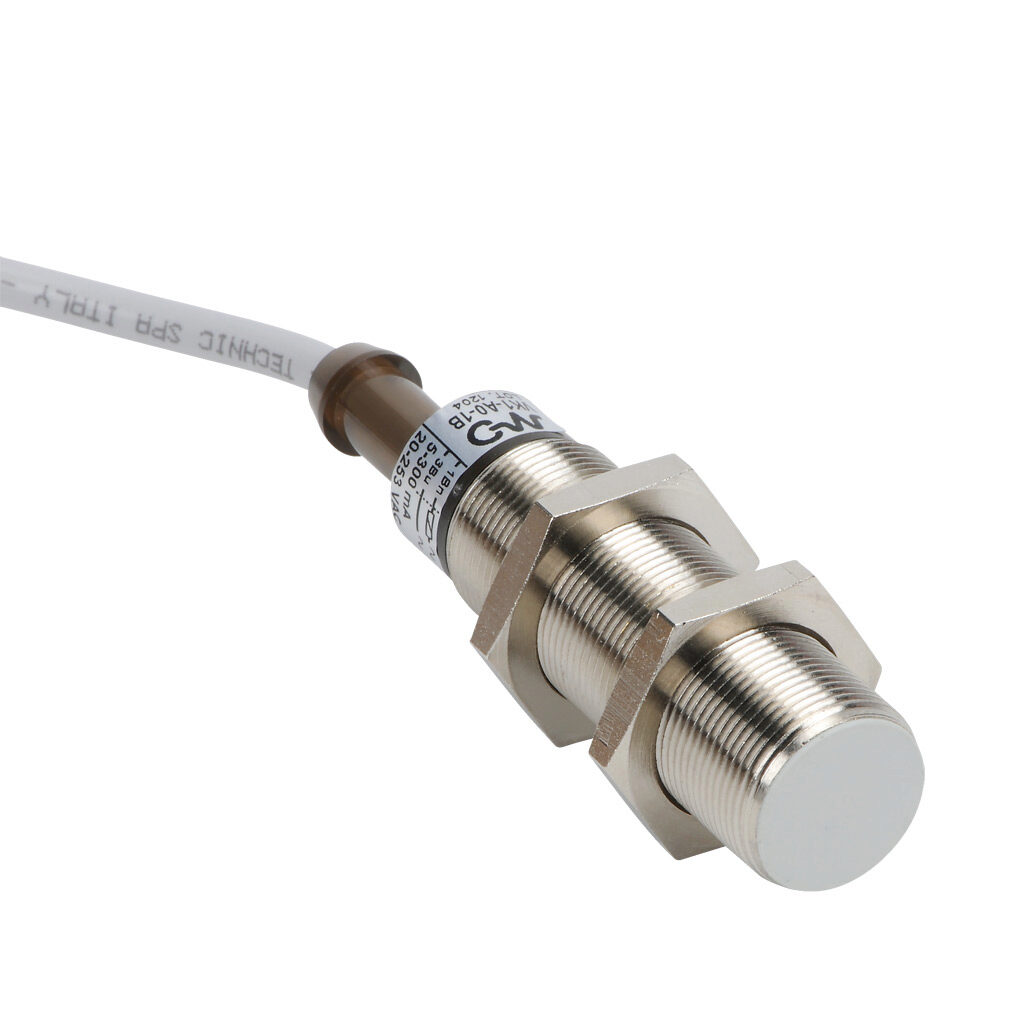 VK1-A0-1B - Micro Detectors inductive proximity sensor, tubular, 18mm diameter x 60mm body, nickel-plated brass housing, N.O. output, 5mm sensing distance, flush, 25 Hz switching frequency, IP67, pigtail.