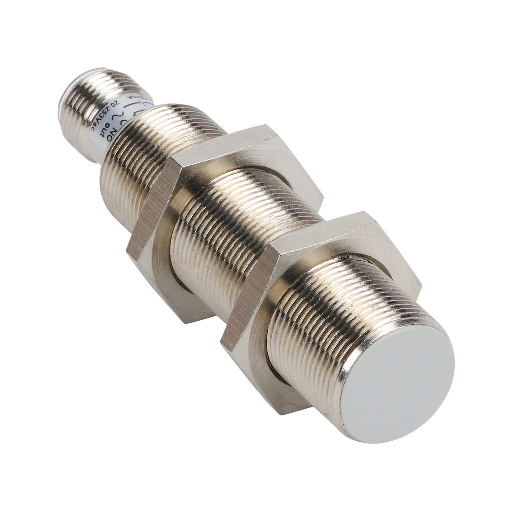 VK1-A0-1H - Micro Detectors inductive proximity sensor, tubular, 18mm diameter x 74mm body, nickel-plated brass housing, N.O. output, 5mm sensing distance, flush, 25 Hz switching frequency, IP67, 4-pin M12 quick-disconnect.