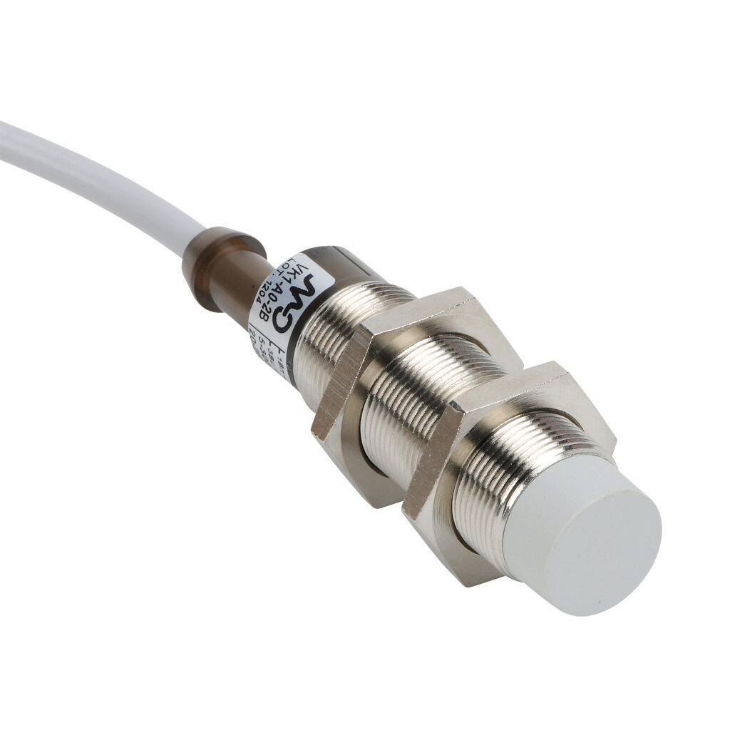 VK1-A0-2B - Micro Detectors inductive proximity sensor, tubular, 18mm diameter x 60mm body, nickel-plated brass housing, N.O. output, 8mm sensing distance, non-flush, 25 Hz switching frequency, IP67, pigtail.