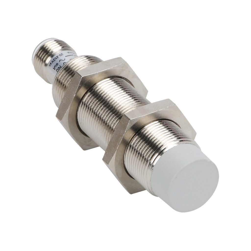 VK1-A0-2H - Micro Detectors inductive proximity sensor, tubular, 18mm diameter x 74mm body, nickel-plated brass housing, N.O. output, 8mm sensing distance, non-flush, 25 Hz switching frequency, IP67, 4-pin M12 quick-disconnect.