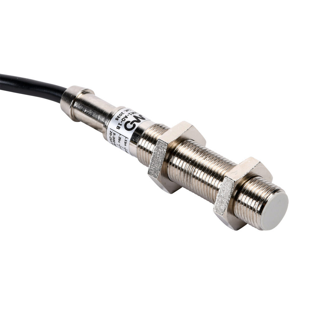 VM1-A0-1B - Micro Detectors inductive proximity sensor, tubular, 12mm diameter x 72mm body, nickel-plated brass housing, N.O. output, 2mm sensing distance, flush, 25 Hz switching frequency, IP67, pigtail.