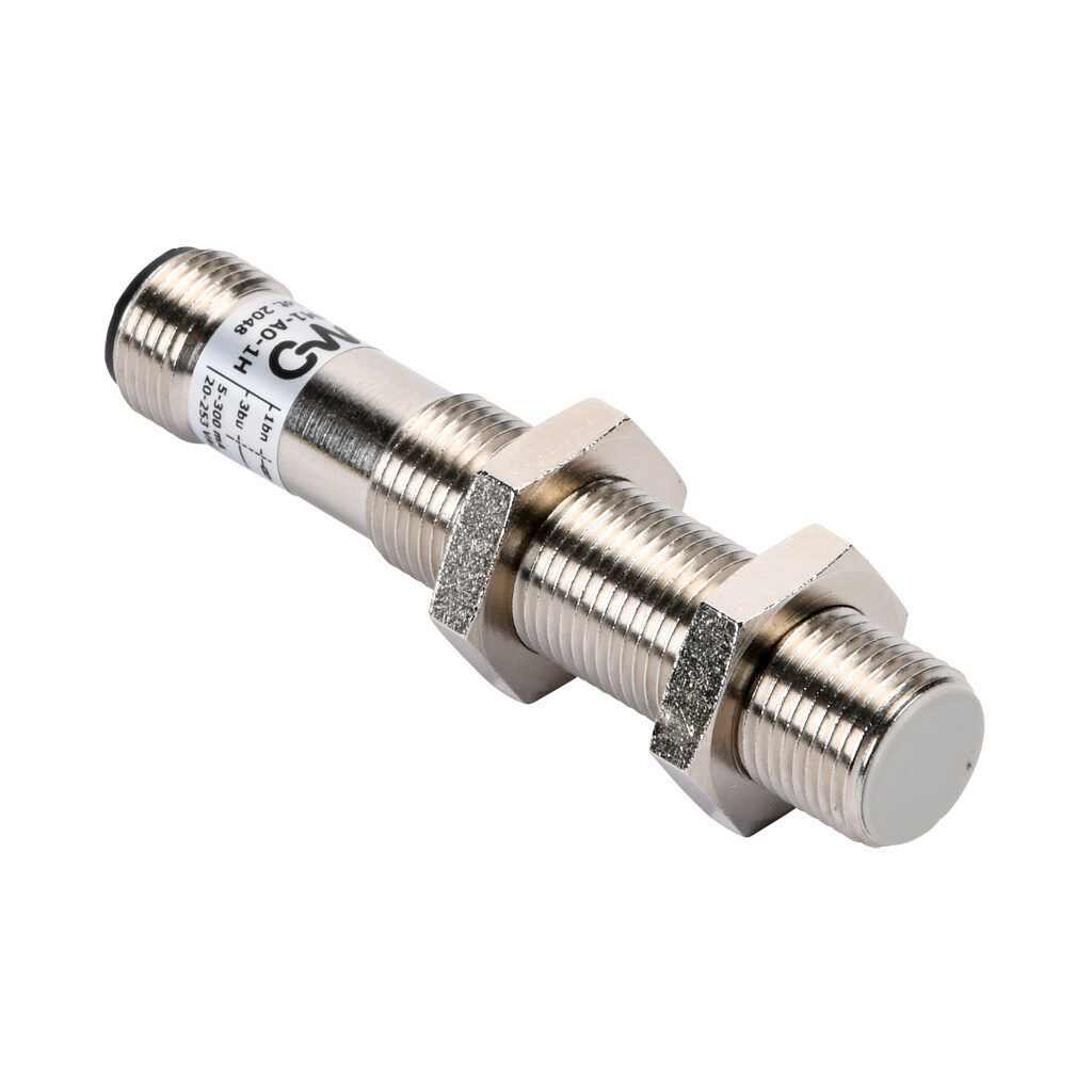 VM1-A0-1H - Micro Detectors inductive proximity sensor, tubular, 12mm diameter x 65mm body, nickel-plated brass housing, N.O. output, 2mm sensing distance, flush, 25 Hz switching frequency, IP67, 4-pin M12 quick-disconnect.