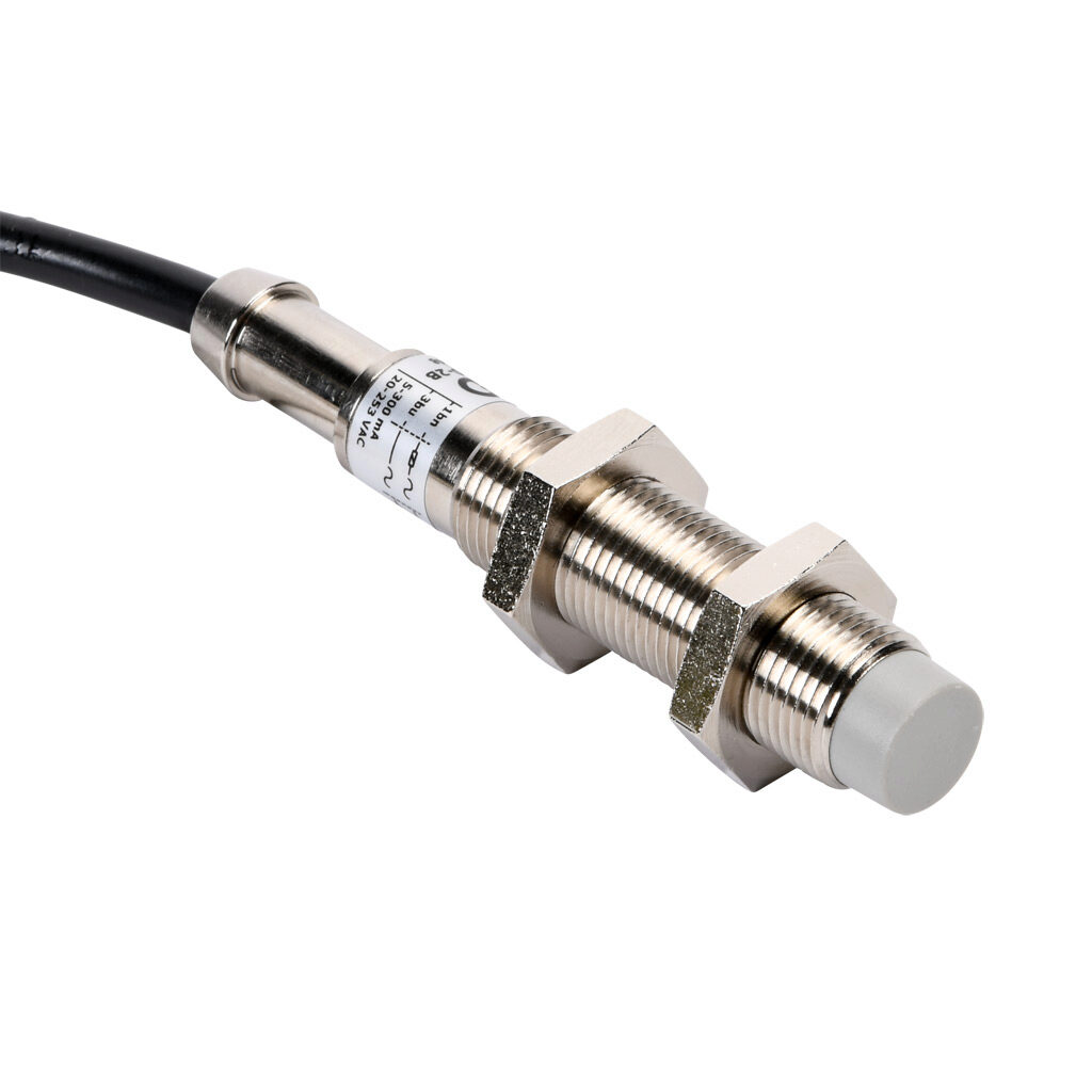 VM1-A0-2B - Micro Detectors inductive proximity sensor, tubular, 12mm diameter x 72mm body, nickel-plated brass housing, N.O. output, 4mm sensing distance, non-flush, 25 Hz switching frequency, IP67, pigtail.