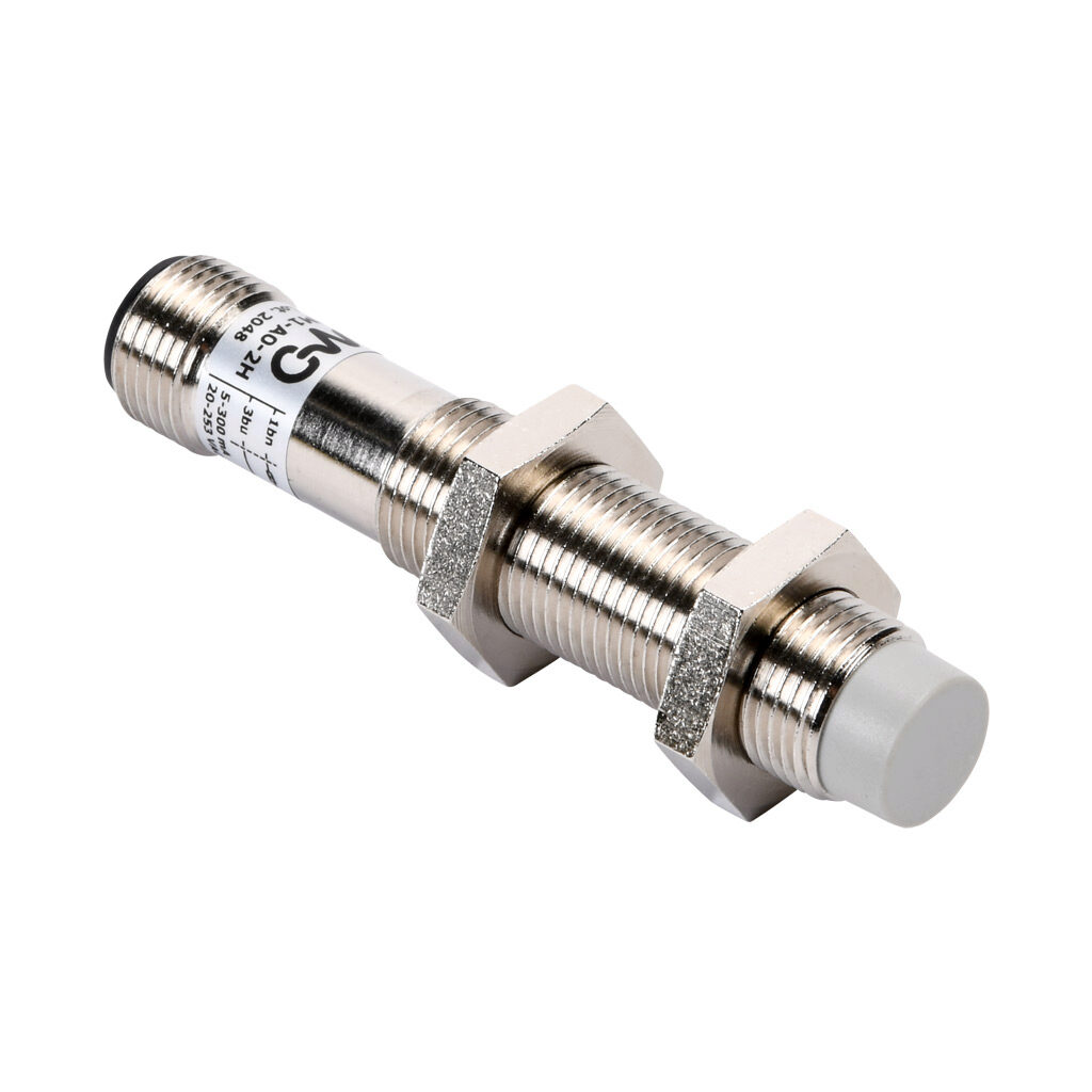 VM1-A0-2H - Micro Detectors inductive proximity sensor, tubular, 12mm diameter x 65mm body, nickel-plated brass housing, N.O. output, 4mm sensing distance, non-flush, 25 Hz switching frequency, IP67, 4-pin M12 quick-disconnect.