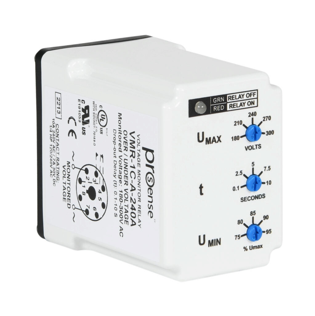 VMR-1C-A-240A - ProSense voltage monitor relay, 1-phase, socket mount, 180-300 VAC input voltage, SPDT, 10A contact rating, 8-pin, LED indicator(s), overvoltage, undervoltage and adjustable drop-out protection.
