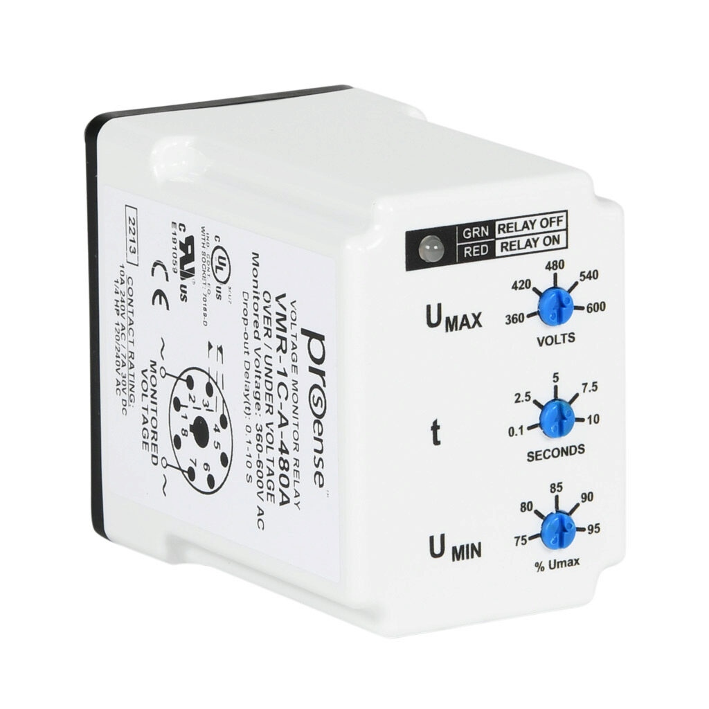 VMR-1C-A-480A - ProSense voltage monitor relay, 1-phase, socket mount, 360-600 VAC input voltage, SPDT, 10A contact rating, 8-pin, LED indicator(s), overvoltage, undervoltage and adjustable drop-out protection.