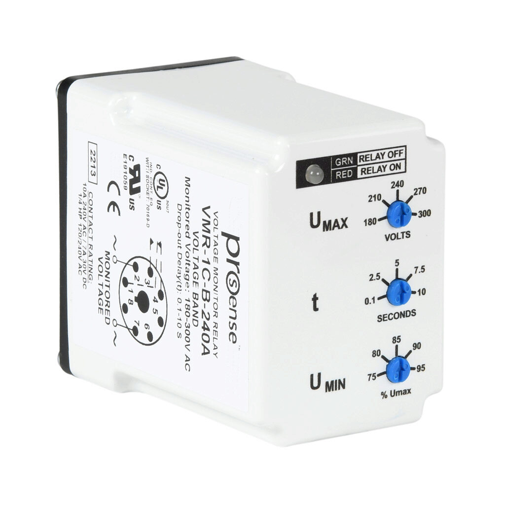 VMR-1C-B-240A - ProSense voltage monitor relay, 1-phase, socket mount, 180-300 VAC input voltage, SPDT, 10A contact rating, 8-pin, LED indicator(s), voltage band protection.
