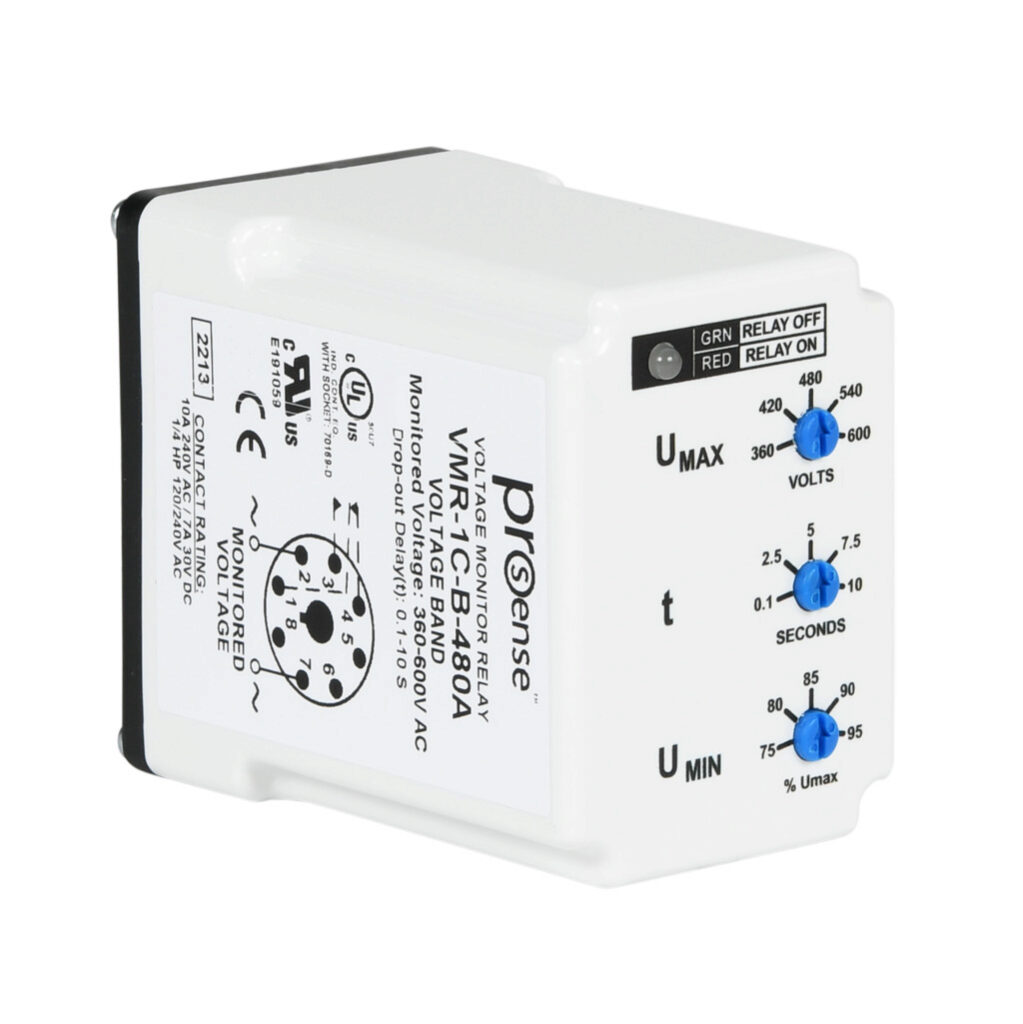 VMR-1C-B-480A - ProSense voltage monitor relay, 1-phase, socket mount, 360-600 VAC input voltage, SPDT, 10A contact rating, 8-pin, LED indicator(s), voltage band protection.