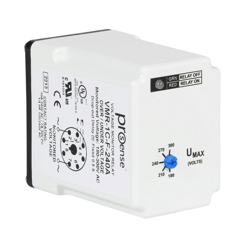 VMR-1C-F-240A - ProSense voltage monitor relay, 1-phase, socket mount, 180-300 VAC input voltage, SPDT, 10A contact rating, 8-pin, LED indicator(s), overvoltage, undervoltage and fixed drop-out protection.