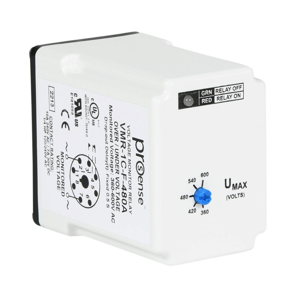 VMR-1C-F-480A - ProSense voltage monitor relay, 1-phase, socket mount, 360-600 VAC input voltage, SPDT, 10A contact rating, 8-pin, LED indicator(s), overvoltage, undervoltage and fixed drop-out protection.