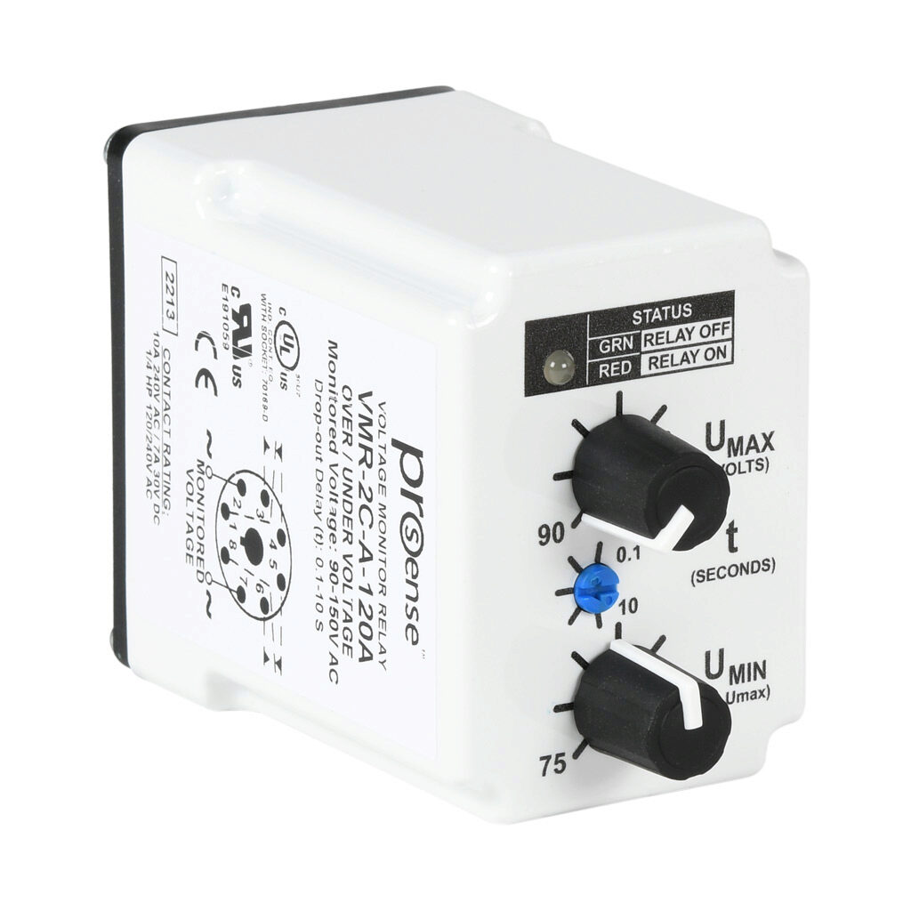 VMR-2C-A-120A - ProSense voltage monitor relay, 1-phase, socket mount, 90-150 VAC input voltage, DPDT, 10A contact rating, 8-pin, LED indicator(s), overvoltage, undervoltage and adjustable drop-out protection.
