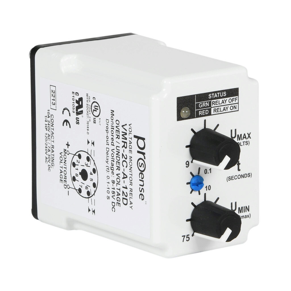 VMR-2C-A-12D - ProSense voltage monitor relay, 1-phase, socket mount, 9-15 VDC input voltage, DPDT, 10A contact rating, 8-pin, LED indicator(s), overvoltage, undervoltage and adjustable drop-out protection.