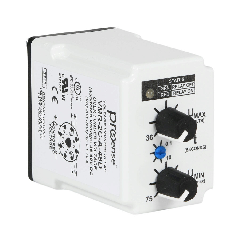 VMR-2C-A-48D - ProSense voltage monitor relay, 1-phase, socket mount, 36-60 VDC input voltage, DPDT, 10A contact rating, 8-pin, LED indicator(s), overvoltage, undervoltage and adjustable drop-out protection.