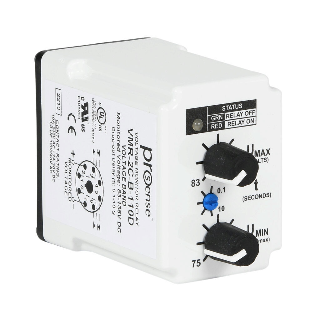 VMR-2C-B-110D - ProSense voltage monitor relay, 1-phase, socket mount, 83-138 VDC input voltage, DPDT, 10A contact rating, 8-pin, LED indicator(s), voltage band protection.
