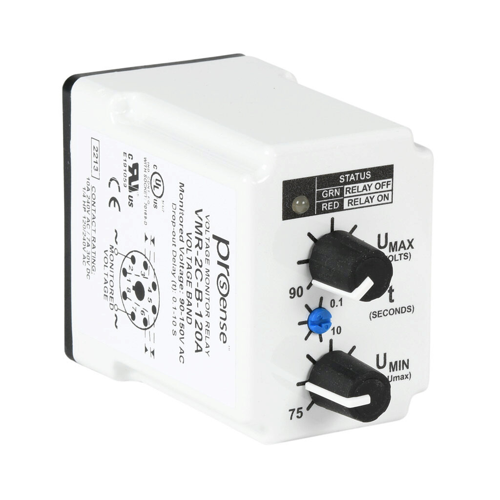 VMR-2C-B-120A - ProSense voltage monitor relay, 1-phase, socket mount, 90-150 VAC input voltage, DPDT, 10A contact rating, 8-pin, LED indicator(s), voltage band protection.