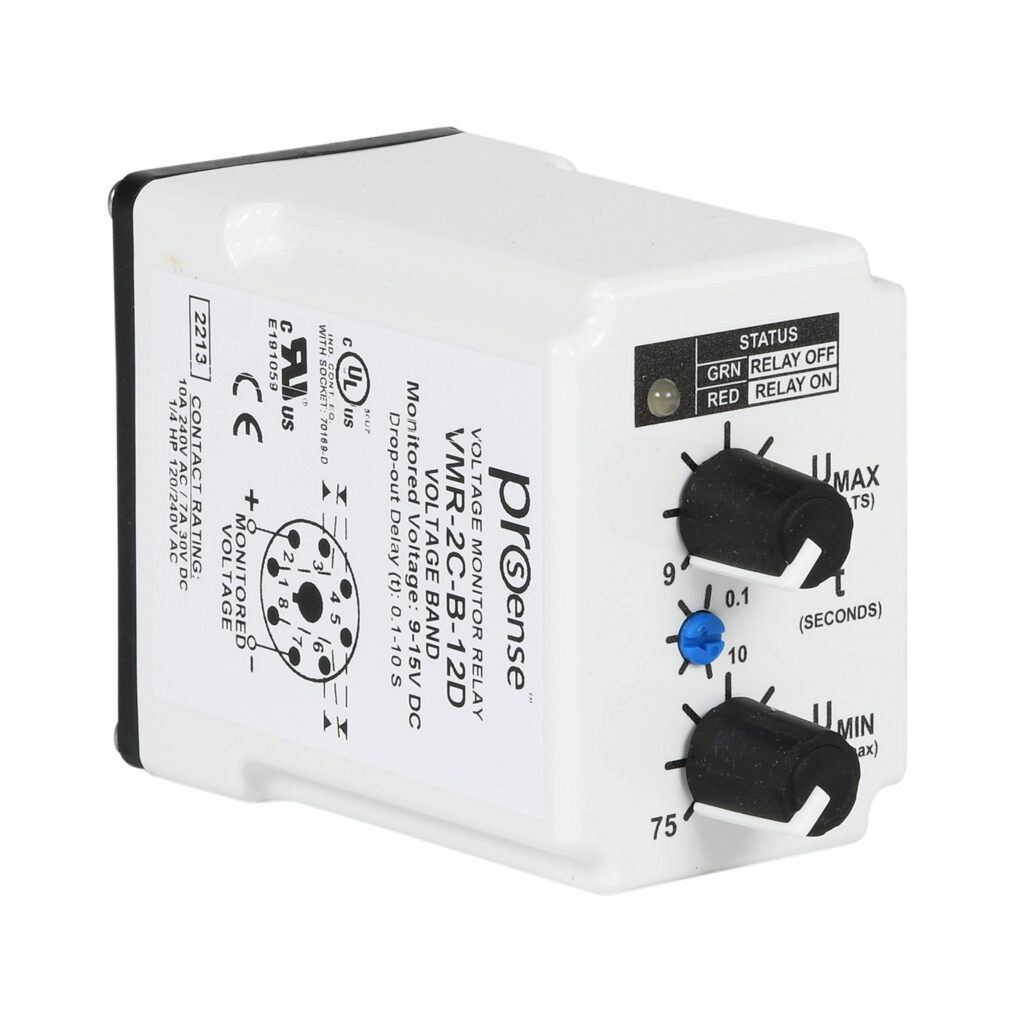 VMR-2C-B-12D - ProSense voltage monitor relay, 1-phase, socket mount, 9-15 VDC input voltage, DPDT, 10A contact rating, 8-pin, LED indicator(s), voltage band protection.