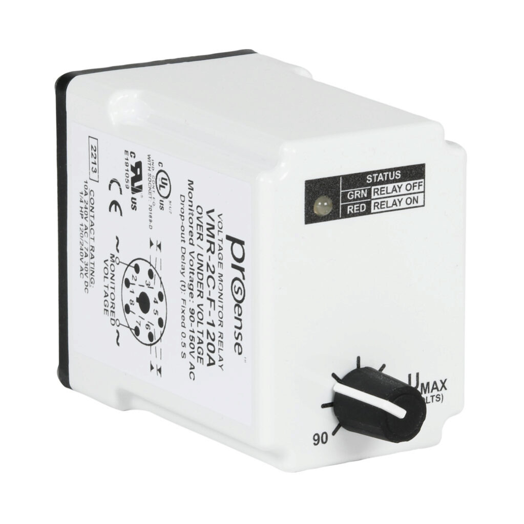 VMR-2C-F-120A - ProSense voltage monitor relay, 1-phase, socket mount, 90-150 VAC input voltage, DPDT, 10A contact rating, 8-pin, LED indicator(s), overvoltage, undervoltage and fixed drop-out protection.