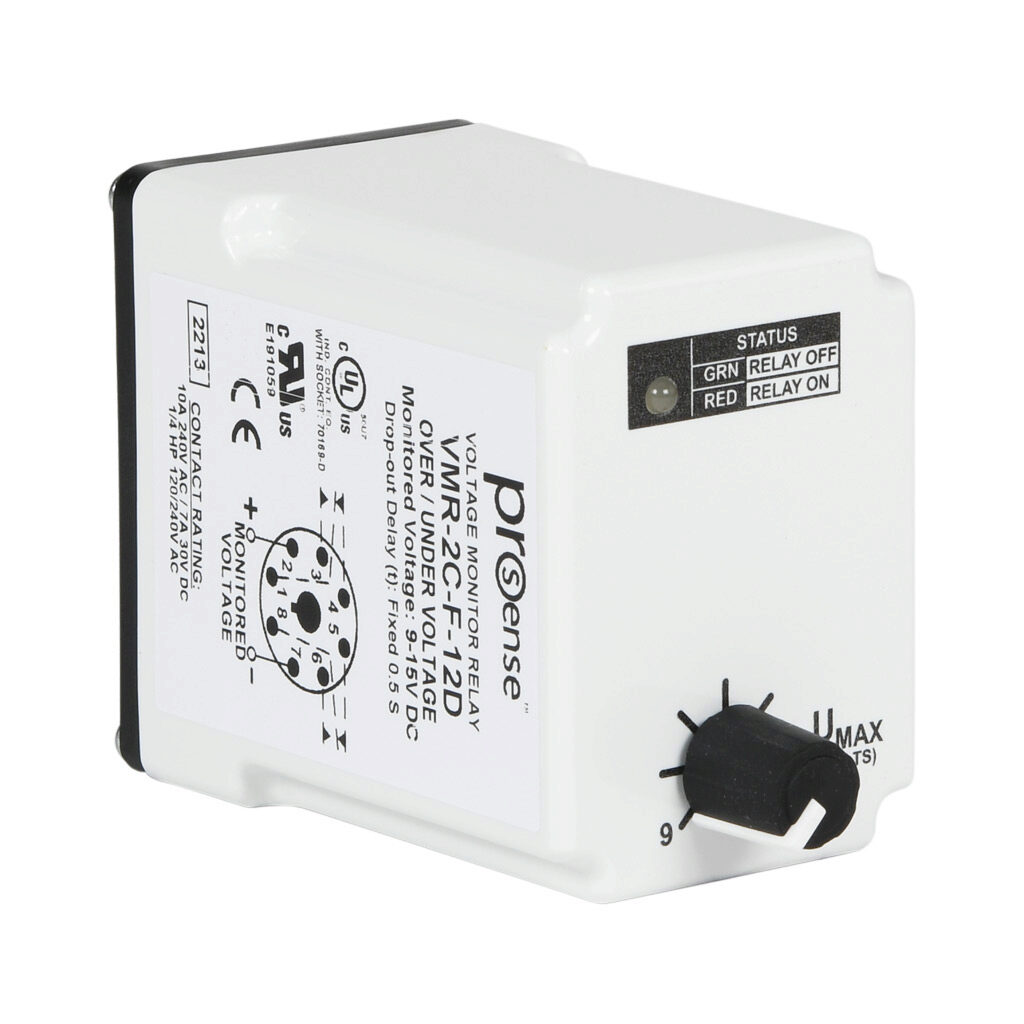 VMR-2C-F-12D - ProSense voltage monitor relay, 1-phase, socket mount, 9-15 VDC input voltage, DPDT, 10A contact rating, 8-pin, LED indicator(s), overvoltage, undervoltage and fixed drop-out protection.