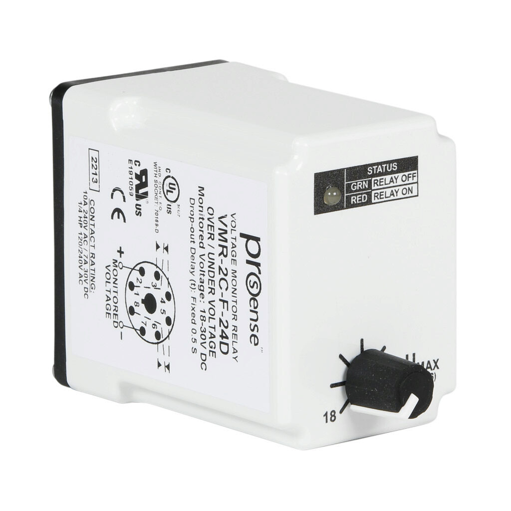 VMR-2C-F-24D - ProSense voltage monitor relay, 1-phase, socket mount, 18-30 VDC input voltage, DPDT, 10A contact rating, 8-pin, LED indicator(s), overvoltage, undervoltage and fixed drop-out protection.