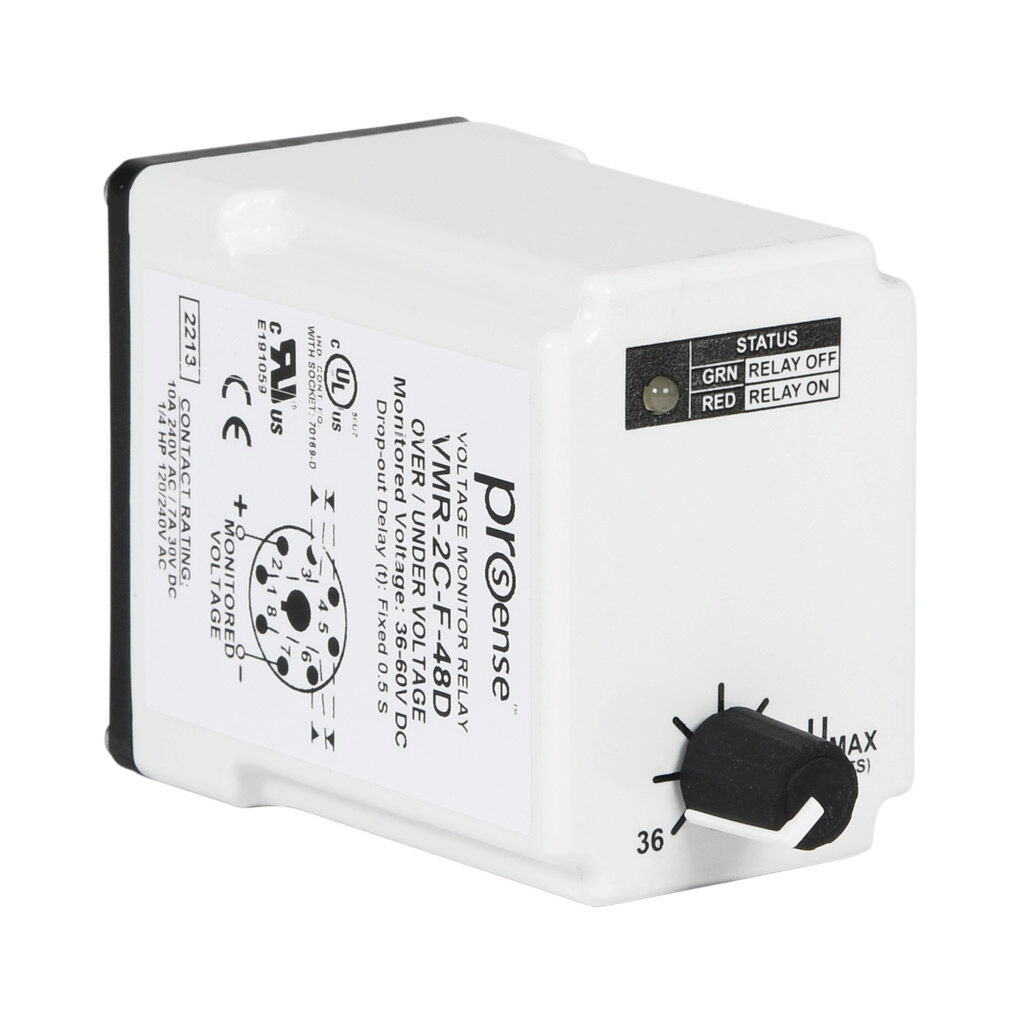 VMR-2C-F-48D - ProSense voltage monitor relay, 1-phase, socket mount, 36-60 VDC input voltage, DPDT, 10A contact rating, 8-pin, LED indicator(s), overvoltage, undervoltage and fixed drop-out protection.
