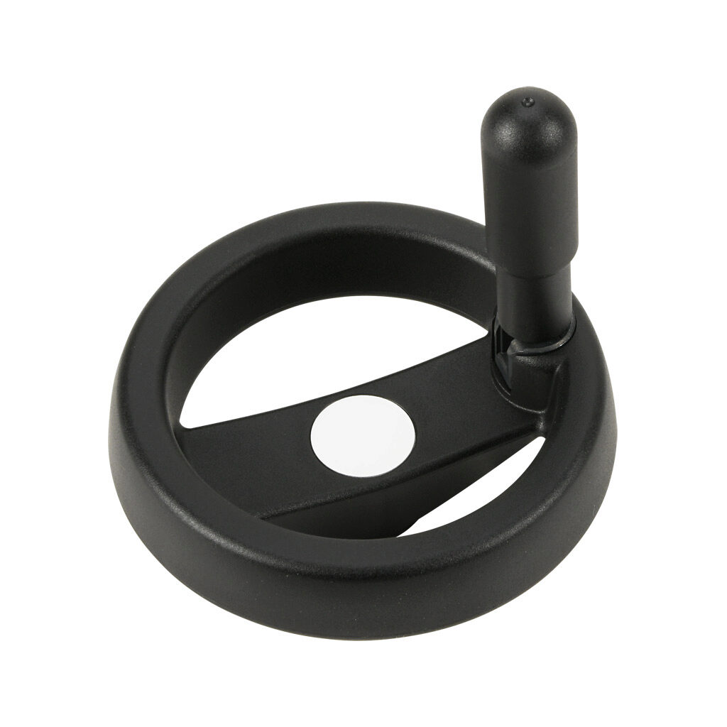 VRTP-100-IR-A38 - Elesa handwheel, spoked, 4in diameter, 3/8in bore, foldaway revolving handle, polypropylene, matte black.