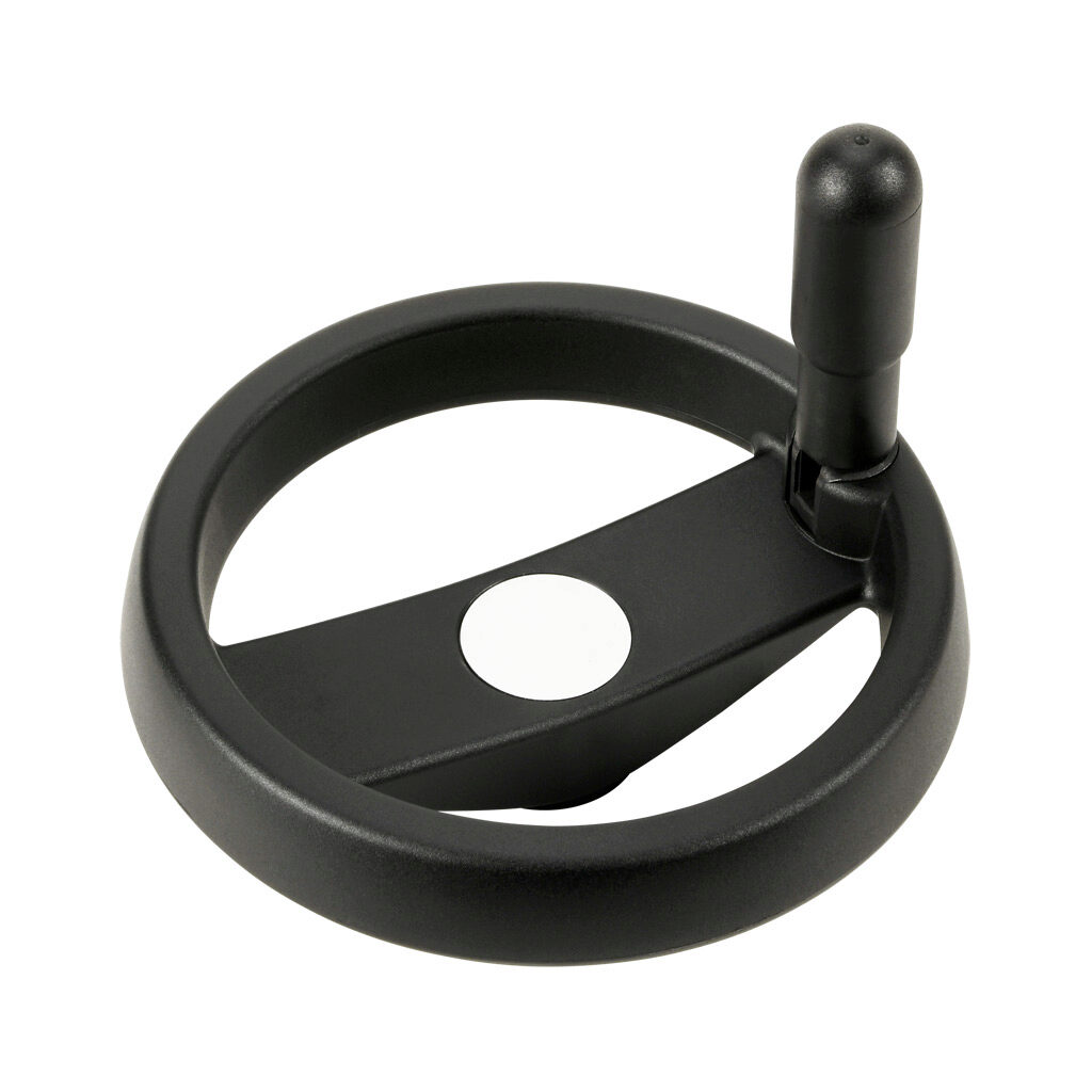 VRTP-160-IR-A12 - Elesa handwheel, spoked, 6in diameter, 1/2in bore, foldaway revolving handle, polypropylene, matte black.