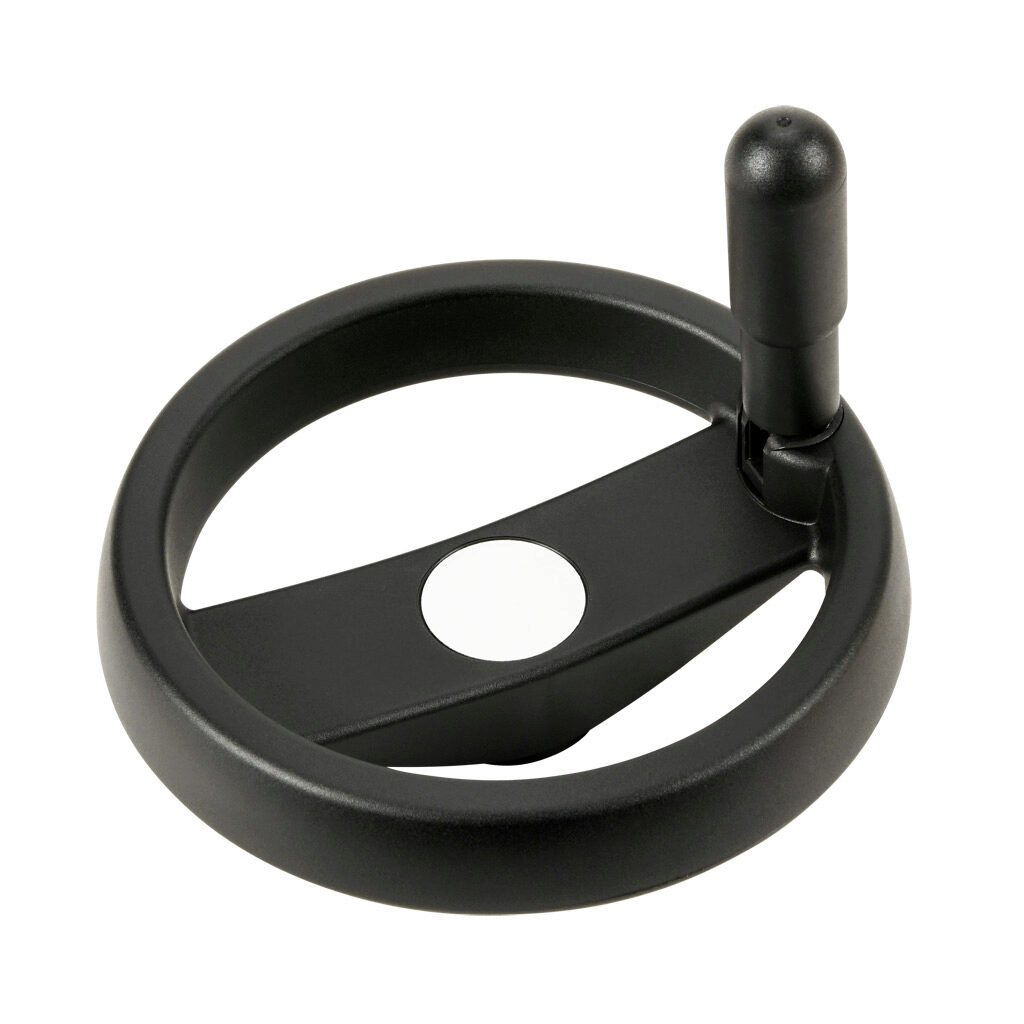 VRTP-160-IR-A14 - Elesa handwheel, spoked, 160mm diameter, 14mm bore, foldaway revolving handle, polypropylene, matte black.