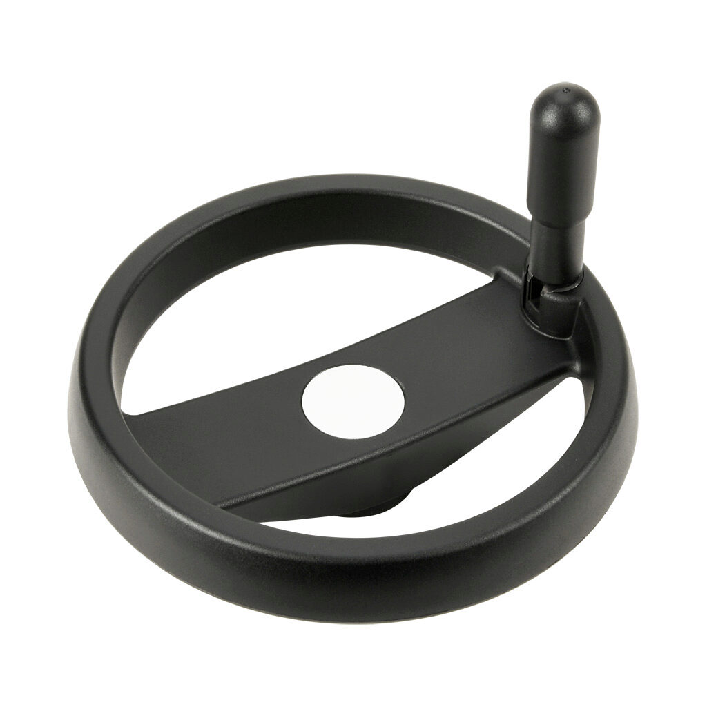 VRTP-200-IR-A16 - Elesa handwheel, spoked, 200mm diameter, 16mm bore, foldaway revolving handle, polypropylene, matte black.
