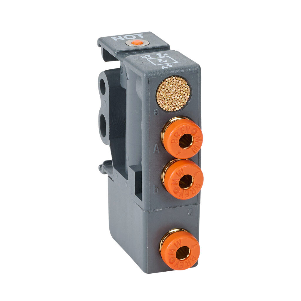 W3604000003 - Metal Work NOT logic element valve, 3-port (3-way), 2-position, N.O., single air pilot spring return, 5/32in (4mm) push-to-connect inlet(s), 5/32in (4mm) push-to-connect outlet(s), 5/32in (4mm) push-to-connect pilot(s), Cv=0.1.