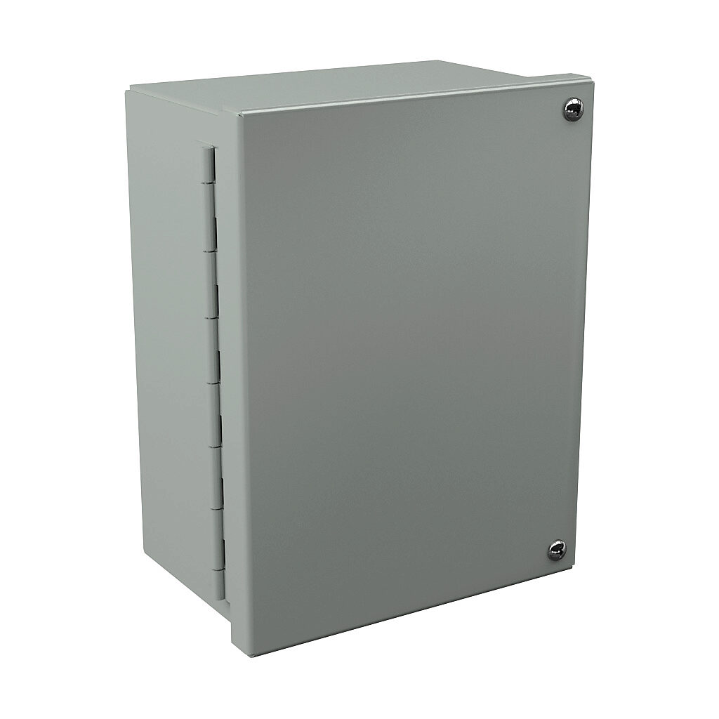 WA080604GIE - Wiegmann enclosure, NEMA 12/13, 8 x 6 x 4in (HxWxD), wall mount, carbon steel, ANSI 61 gray, powder coat finish, hinged screw cover.