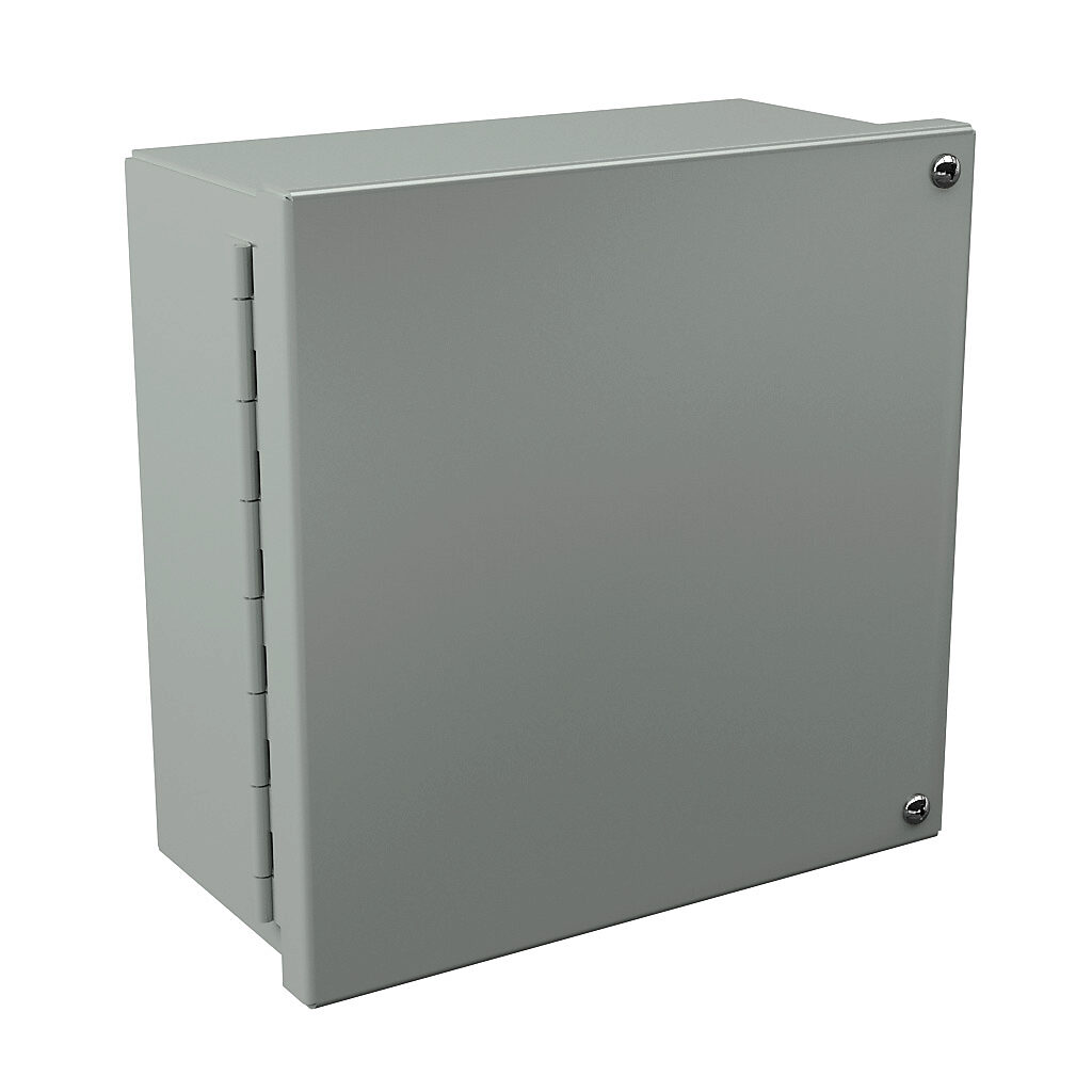WA080804GIE - Wiegmann enclosure, NEMA 12/13, 8 x 8 x 4in (HxWxD), wall mount, carbon steel, ANSI 61 gray, powder coat finish, hinged screw cover.