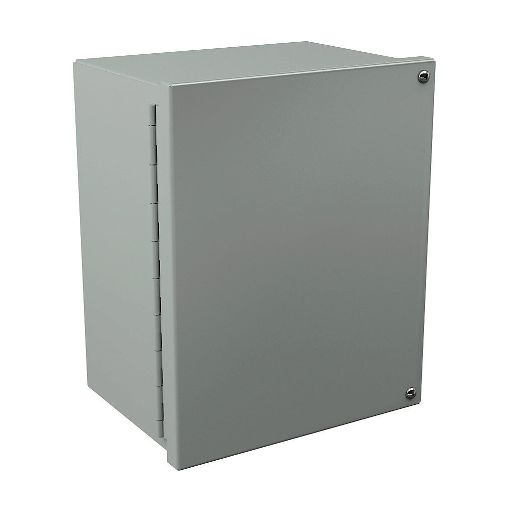 WA100806GIE - Wiegmann enclosure, NEMA 12/13, 10 x 8 x 6in (HxWxD), wall mount, carbon steel, ANSI 61 gray, powder coat finish, hinged screw cover.