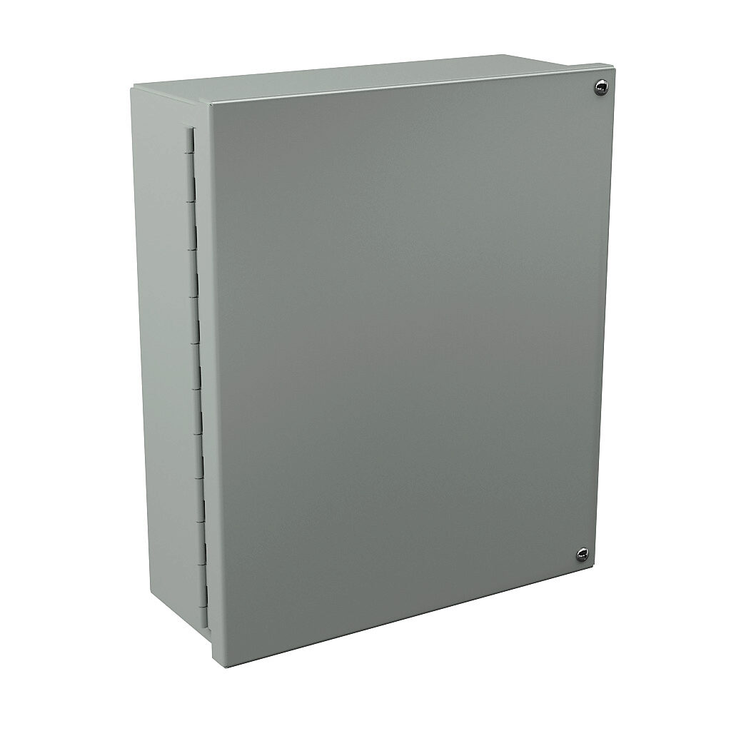WA121004GIE - Wiegmann enclosure, NEMA 12/13, 12 x 10 x 4in (HxWxD), wall mount, carbon steel, ANSI 61 gray, powder coat finish, hinged screw cover.